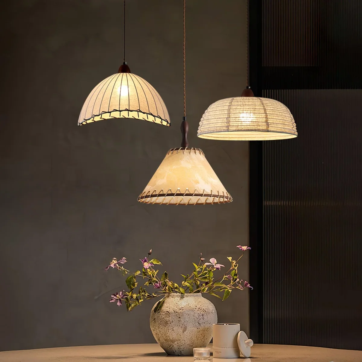 Hanglamp met hout en stof - Afbeelding 2